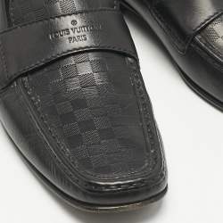 Louis Vuitton Black Leather Damier Embossed Santiago Slip On Loafers Size 44.5