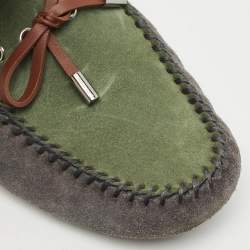 Pre Owned Louis Vuitton Dark Tricolor Suede And Leather Logo Bow Slip On Loafers Size 42.5