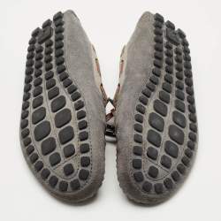 Pre Owned Louis Vuitton Dark Tricolor Suede And Leather Logo Bow Slip On Loafers Size 42.5