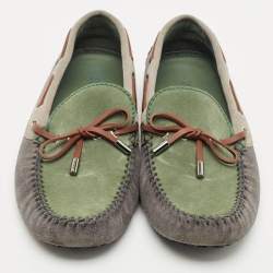 Pre Owned Louis Vuitton Dark Tricolor Suede And Leather Logo Bow Slip On Loafers Size 42.5