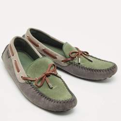 Pre Owned Louis Vuitton Dark Tricolor Suede And Leather Logo Bow Slip On Loafers Size 42.5