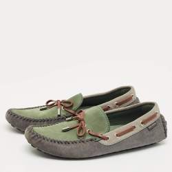 Pre Owned Louis Vuitton Dark Tricolor Suede And Leather Logo Bow Slip On Loafers Size 42.5