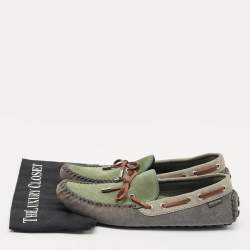 Pre Owned Louis Vuitton Dark Tricolor Suede And Leather Logo Bow Slip On Loafers Size 42.5