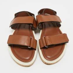 Pre Owned Louis Vuitton Brown Leather Velcro Strap Flat Sandals Size 41.5