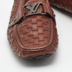 Pre Owned Louis Vuitton Brown Woven Leather Monte Carlo Slip On Loafers Size 42.5