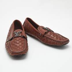 Pre Owned Louis Vuitton Brown Woven Leather Monte Carlo Slip On Loafers Size 42.5