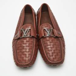 Pre Owned Louis Vuitton Brown Woven Leather Monte Carlo Slip On Loafers Size 42.5