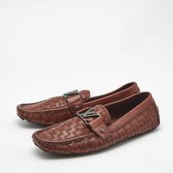 Pre Owned Louis Vuitton Brown Woven Leather Monte Carlo Slip On Loafers Size 42.5