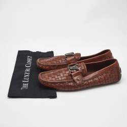 Pre Owned Louis Vuitton Brown Woven Leather Monte Carlo Slip On Loafers Size 42.5