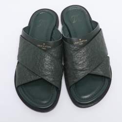 Pre Owned Louis Vuitton Green Ostrich Leather Slide Sandals 41