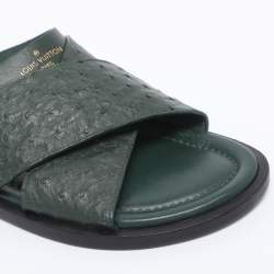 Pre Owned Louis Vuitton Green Ostrich Leather Slide Sandals 41