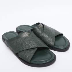 Pre Owned Louis Vuitton Green Ostrich Leather Slide Sandals 41