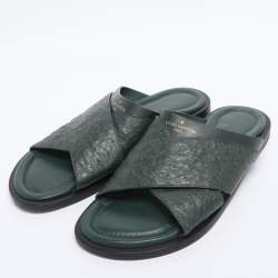 Pre Owned Louis Vuitton Green Ostrich Leather Slide Sandals 41