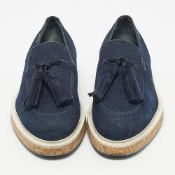 Pre Owned Louis Vuitton Navy Blue Denim Tassel Slip On Loafers Size 41