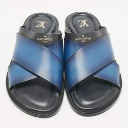 مملوكة مسبقًا صندل سلايد فوش لوي فيتون جلد أومبري أزرق/أسود مقاس 42