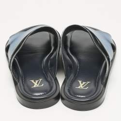 مملوكة مسبقًا صندل سلايد فوش لوي فيتون جلد أومبري أزرق/أسود مقاس 42