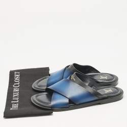 مملوكة مسبقًا صندل سلايد فوش لوي فيتون جلد أومبري أزرق/أسود مقاس 42