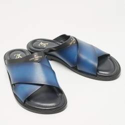 مملوكة مسبقًا صندل سلايد فوش لوي فيتون جلد أومبري أزرق/أسود مقاس 42