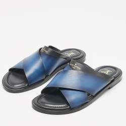 مملوكة مسبقًا صندل سلايد فوش لوي فيتون جلد أومبري أزرق/أسود مقاس 42