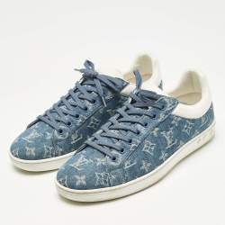 Pre Owned Louis Vuitton Blue Monogram Denim and Leather Luxembourg Low Top Sneakers Size 40.5