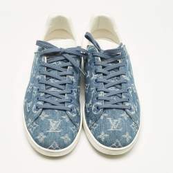 Pre Owned Louis Vuitton Blue Monogram Denim and Leather Luxembourg Low Top Sneakers Size 40.5