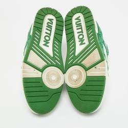 Pre Owned Louis Vuitton Green/White Denim and Leather LV Trainer Lace Up Sneakers Size 41.5