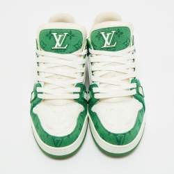 Pre Owned Louis Vuitton Green/White Denim and Leather LV Trainer Lace Up Sneakers Size 41.5