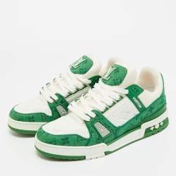 Pre Owned Louis Vuitton Green/White Denim and Leather LV Trainer Lace Up Sneakers Size 41.5