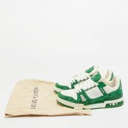 Pre Owned Louis Vuitton Green/White Denim and Leather LV Trainer Lace Up Sneakers Size 41.5