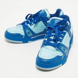 Pre Owned Louis Vuitton Blue Fabric and Monogram Leather LV Trainer Sneakers Size 41.5