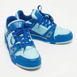 Pre Owned Louis Vuitton Blue Fabric and Monogram Leather LV Trainer Sneakers Size 41.5