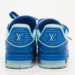 Pre Owned Louis Vuitton Blue Fabric and Monogram Leather LV Trainer Sneakers Size 41.5