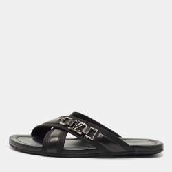 Pre Owned Louis Vuitton Black Canvas and Leather Crisscross Flat Slides Size 45