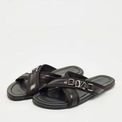 Pre Owned صندل فلات لوي فيتون قماش وجلد أسود سيور متعاكسة مقاس 45