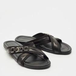 Pre Owned صندل فلات لوي فيتون قماش وجلد أسود سيور متعاكسة مقاس 45