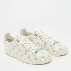 Pre Owned Louis Vuitton Blue/White Leather and Mesh Frontrow Lace  Up Sneakers Size 41