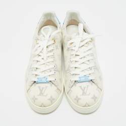 Pre Owned Louis Vuitton Blue/White Leather and Mesh Frontrow Lace  Up Sneakers Size 41