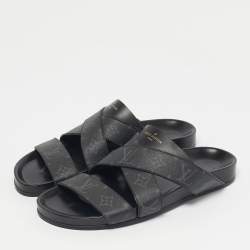 Pre Owned Louis Vuitton Black Monogram Canvas and Leather Mirabeau Flat Slides Size 42