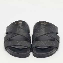 Pre Owned Louis Vuitton Black Monogram Canvas and Leather Mirabeau Flat Slides Size 42