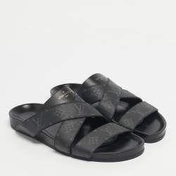Pre Owned Louis Vuitton Black Monogram Canvas and Leather Mirabeau Flat Slides Size 42