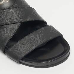 Pre Owned Louis Vuitton Black Monogram Canvas and Leather Mirabeau Flat Slides Size 42