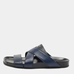 Pre Owned Louis Vuitton Navy Blue Canvas and Leather Mirabeau Flat Slides Size 45