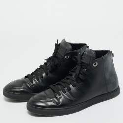 Pre Owned Louis Vuitton Black Leather and Damier Canvas High Top Sneakers Size 39