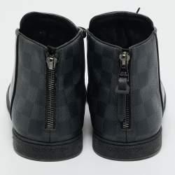 Pre Owned Louis Vuitton Black Leather and Damier Canvas High Top Sneakers Size 39