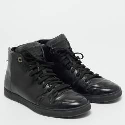 Pre Owned Louis Vuitton Black Leather and Damier Canvas High Top Sneakers Size 39