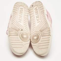 Pre Owned Louis Vuitton Pink Knit Fabric and Raffia LV Trainer Lace Up Sneakers Size 40