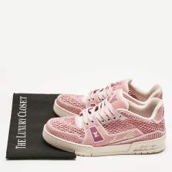 Pre Owned Louis Vuitton Pink Knit Fabric and Raffia LV Trainer Lace Up Sneakers Size 40