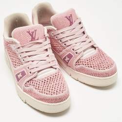 Pre Owned Louis Vuitton Pink Knit Fabric and Raffia LV Trainer Lace Up Sneakers Size 40