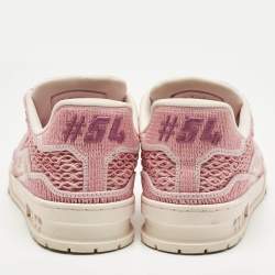 Pre Owned Louis Vuitton Pink Knit Fabric and Raffia LV Trainer Lace Up Sneakers Size 40