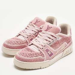 Pre Owned Louis Vuitton Pink Knit Fabric and Raffia LV Trainer Lace Up Sneakers Size 40